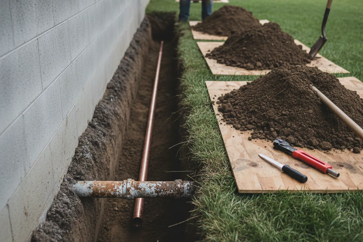 Excavated water line trench during Sewer Line Repair in Oakville